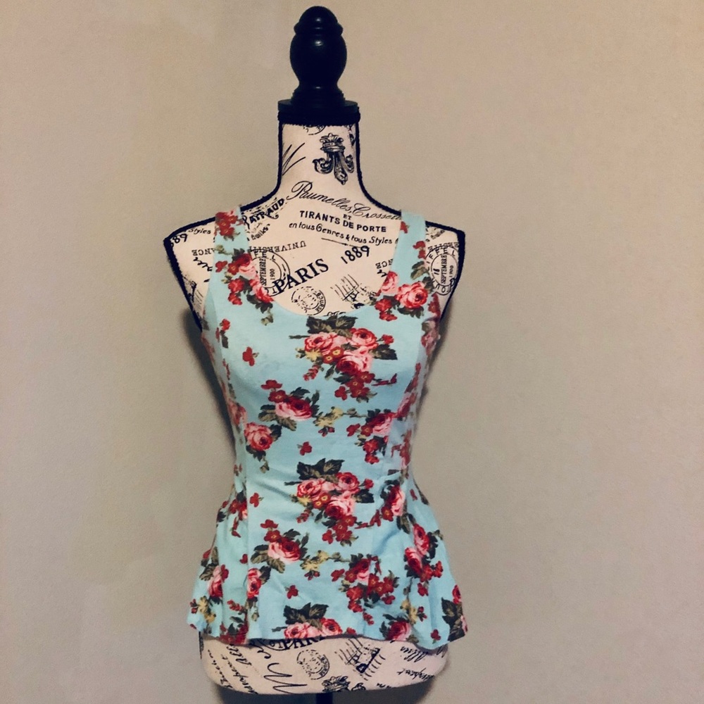 🔥Kirra (Pacsun) Light Blue Red Rose Blouse